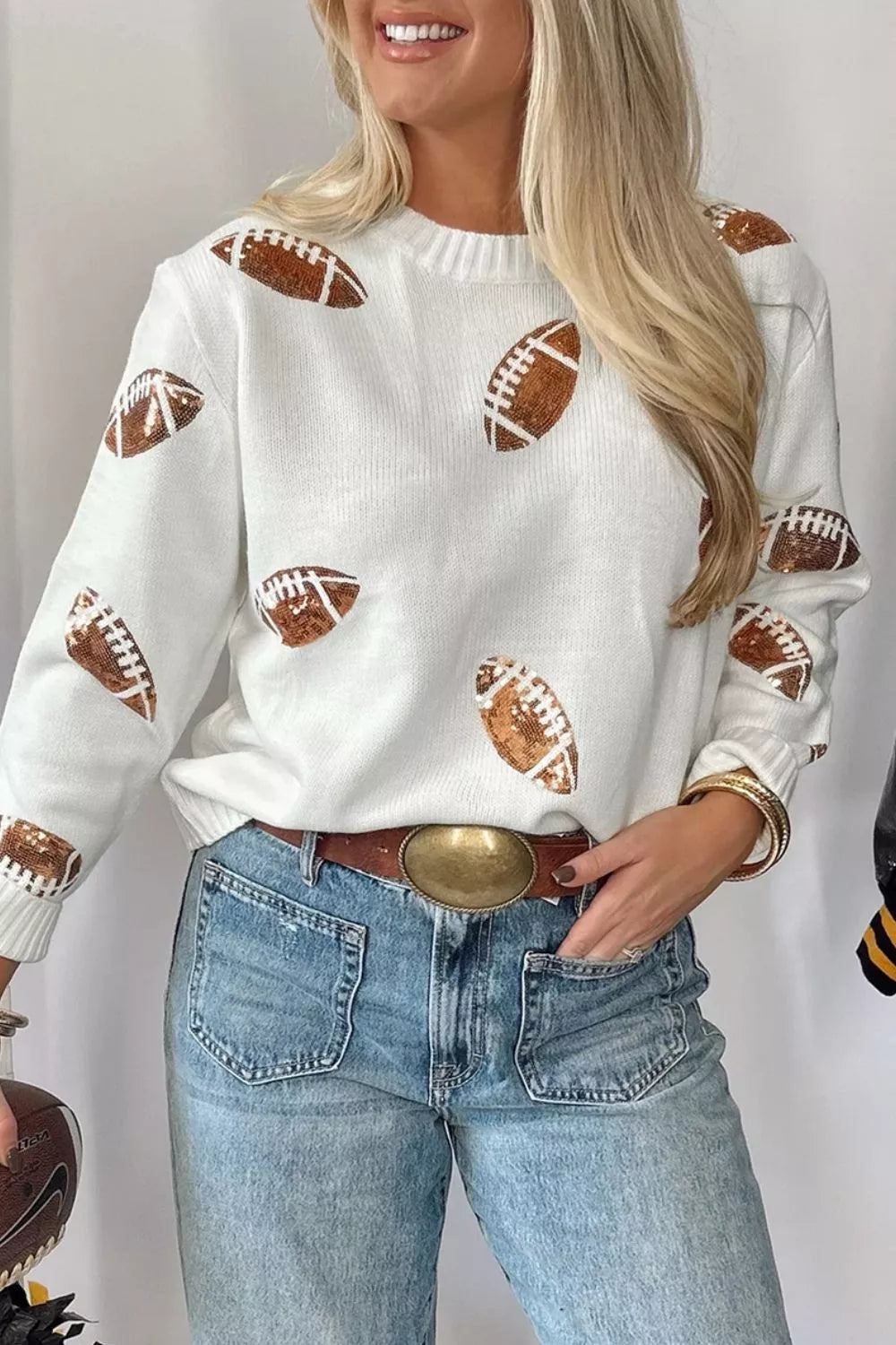 Sequin Football Print Round Neck Long Sleeve Loose Fit Sweater