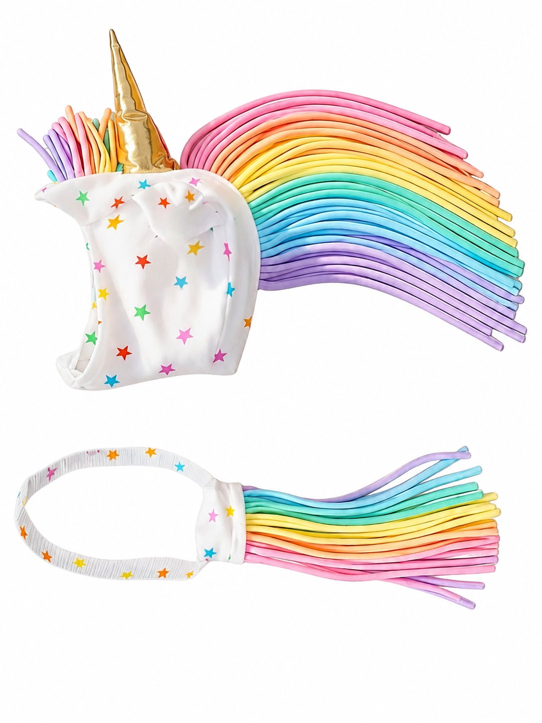 Rainbow Star Unicorn Hat + Tail Set · Rainbow Mane with Gold Horn