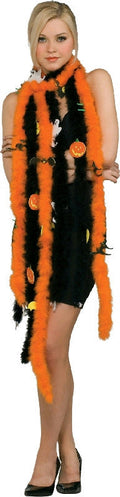 Halloween Feather Boa Orange with Black Bats