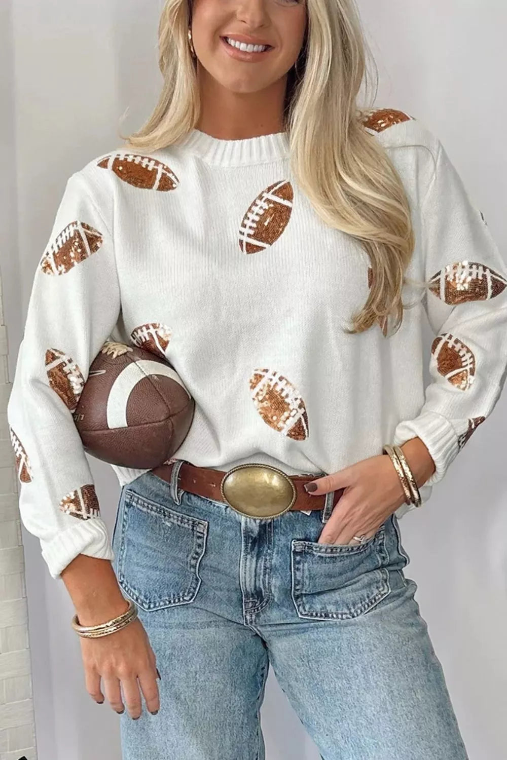 Sequin Football Print Round Neck Long Sleeve Loose Fit Sweater