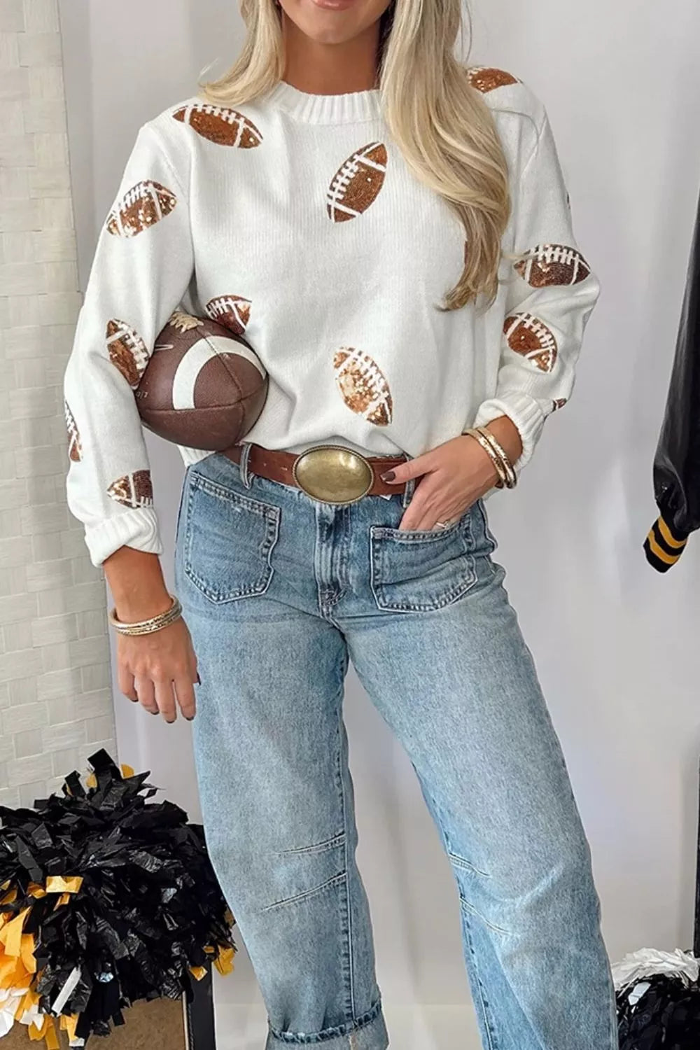Sequin Football Print Round Neck Long Sleeve Loose Fit Sweater