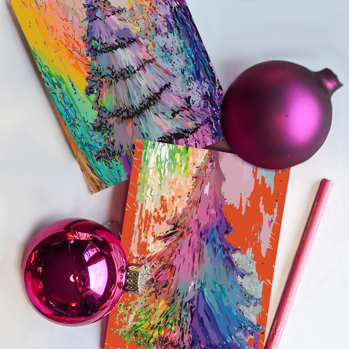 Technicolor Tinsel Christmas Tree Greeting Cards, Set of 24
