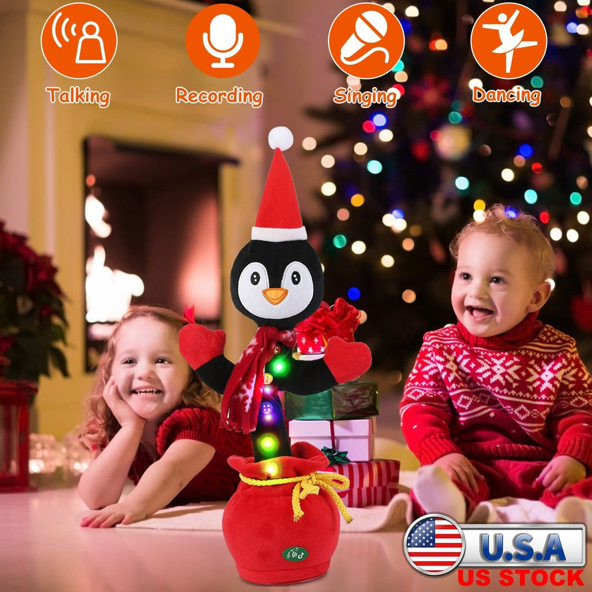 Kid Electric Dance Toy Christmas Elk Snowman Senior Penguin Plush Toy Interactive Sing Song Whirling Mimicking Recording Light up Toy