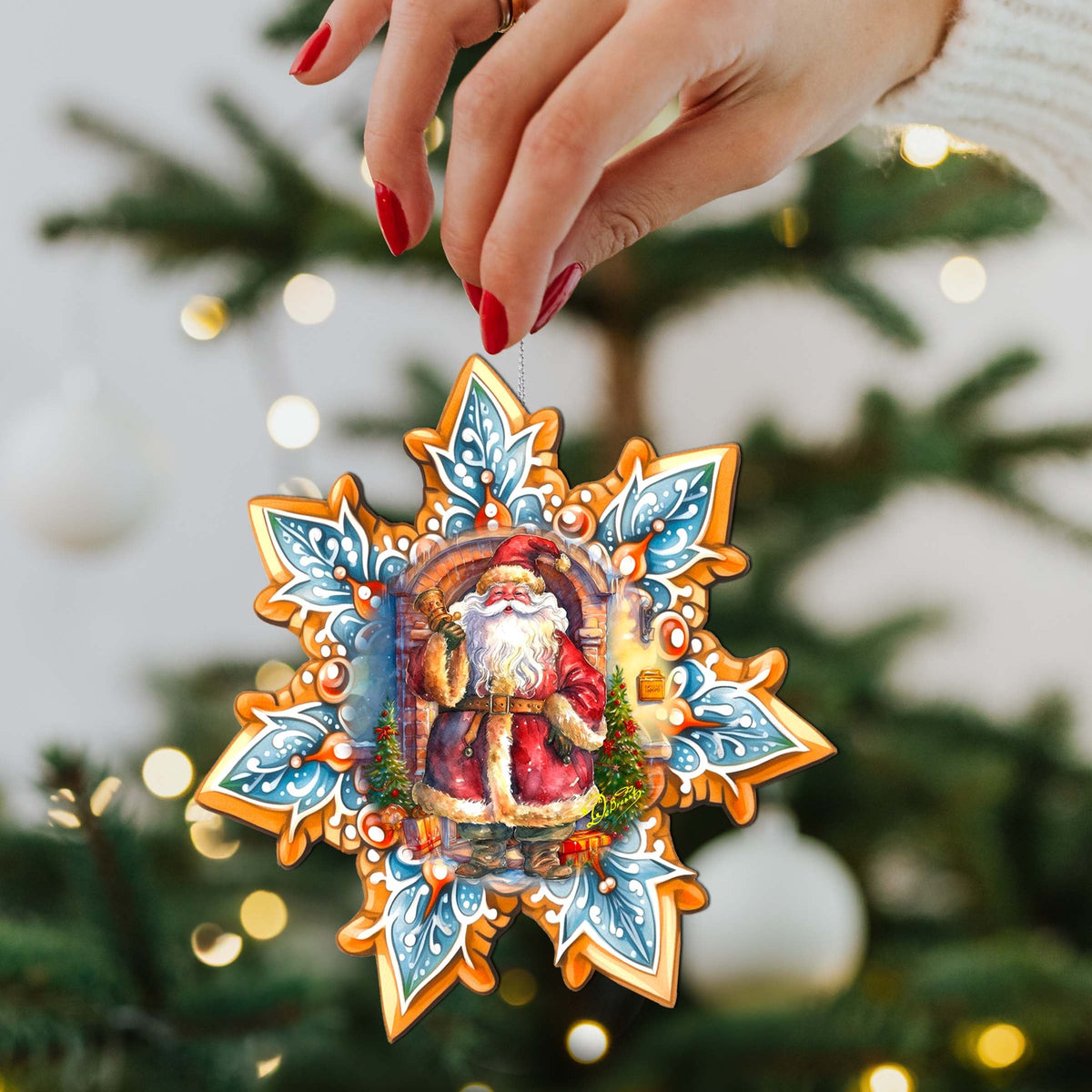 Santa with Bell Snowflake Wooden Ornaments by G. Debrekht - Christmas Santa Snowman Decor - 8688419