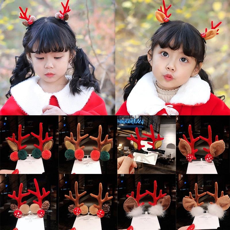 2pcs Cute Deer Ear Hairpins Christmas Hair Clips For Girls Cartoon Antlers Barrettes Lovely Pompom Hairgrips Fashion Hair Accessories For Women