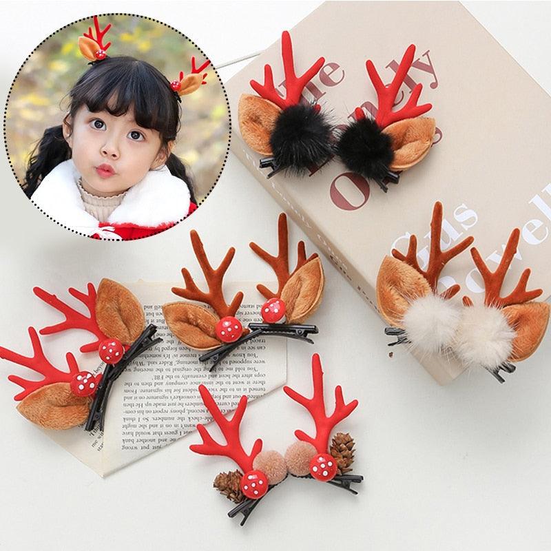 2pcs Cute Deer Ear Hairpins Christmas Hair Clips For Girls Cartoon Antlers Barrettes Lovely Pompom Hairgrips Fashion Hair Accessories For Women