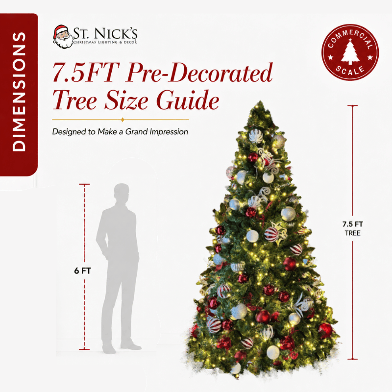 7.5FT Pre-Decorated Commercial PVC Christmas Tree with Red, White & Silver Ornaments