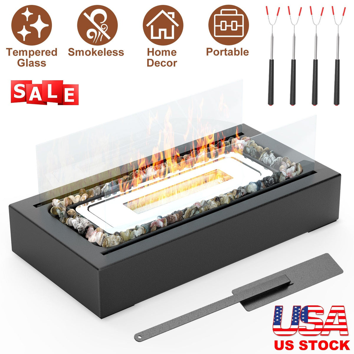 Tabletop Fire Pit With Roasting Sticks Portable Indoor Outdoor Tabletop Fireplace Ethanol Mini Fire Pit Table Top Decoration for Christmas Dinner Part