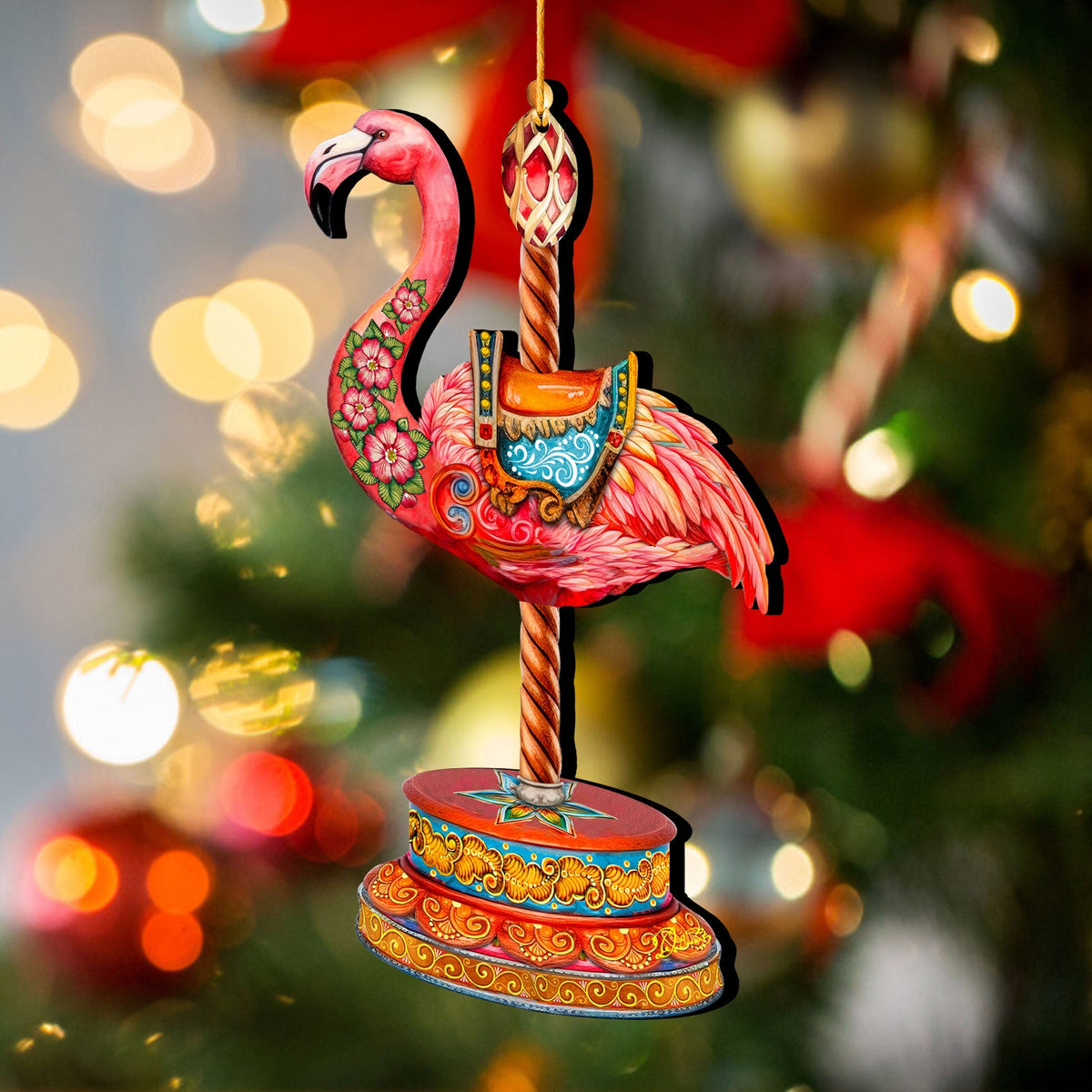 Pink Flamingo Carousel Christmas Wooden Ornaments by G. DeBrekht - Carousel Holiday Decor - 8652752
