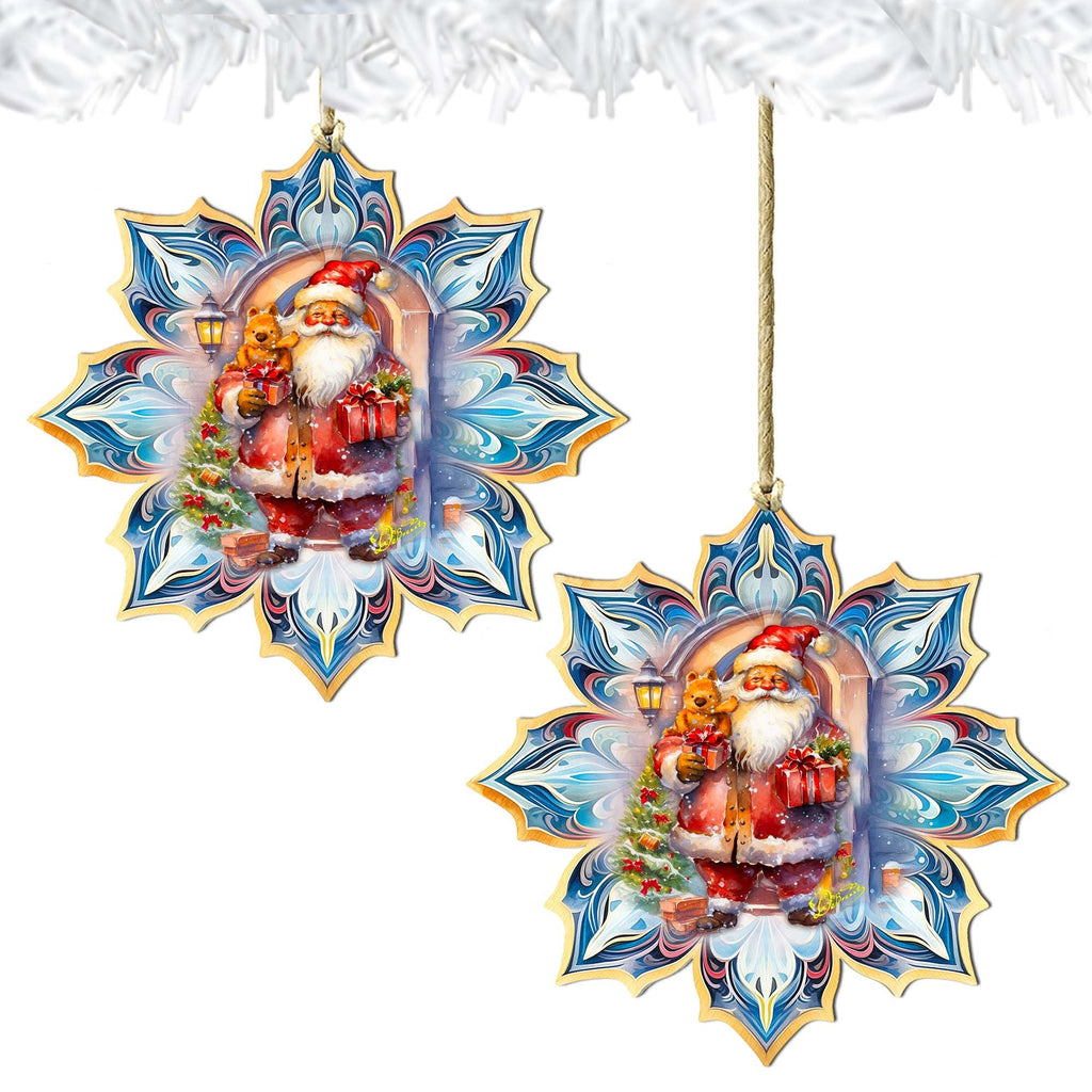 Santa with Gifts Snowflake Wooden Ornaments by G. Debrekht - Christmas Santa Snowman Decor - 8688421