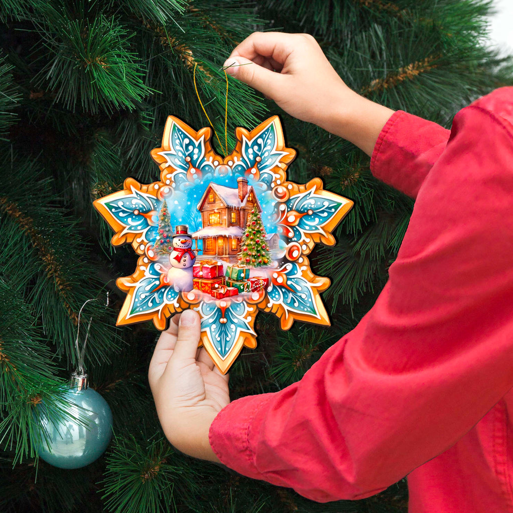 Snowman's Gifts Snowflake Large Wooden Ornament by G. Debrekht - Christmas Santa Snowman Decor - 8688404M