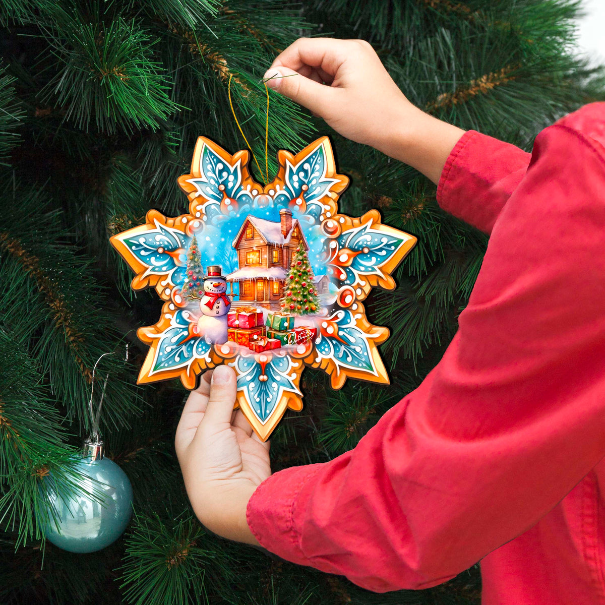 Snowman's Gifts Snowflake Large Wooden Ornament by G. Debrekht - Christmas Santa Snowman Decor - 8688404M