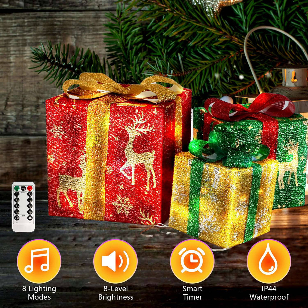Set of 3 Christmas Lighted Gift Boxes Xmas Present Ornament 50 LED Christmas Box Decorations with Ribbon Bows IP44 Waterproof Battery Powered for Indo