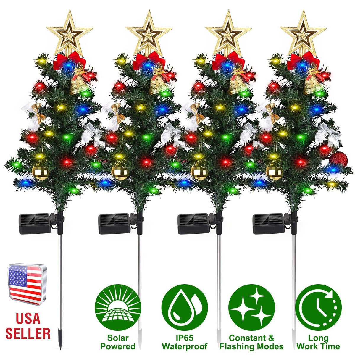 4Packs Solar Christmas Tree Lights Xmas Garden Decorations Tree Stake Lamp 20LEDs Solar Decor Light with Constant and Flashing Mode for Pathway Yard P