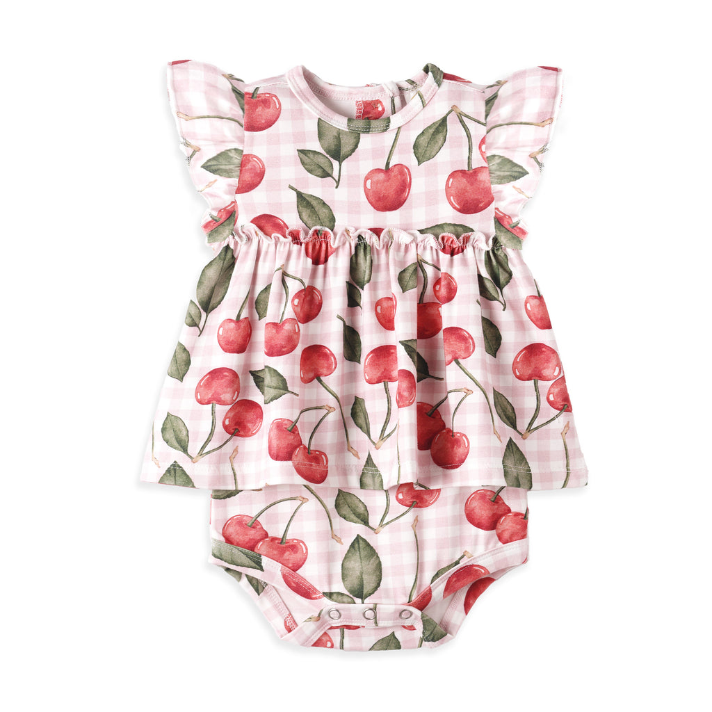 Cherry Picnic Flutter Sleeve Bamboo Skirted Bodysuit 0-3M