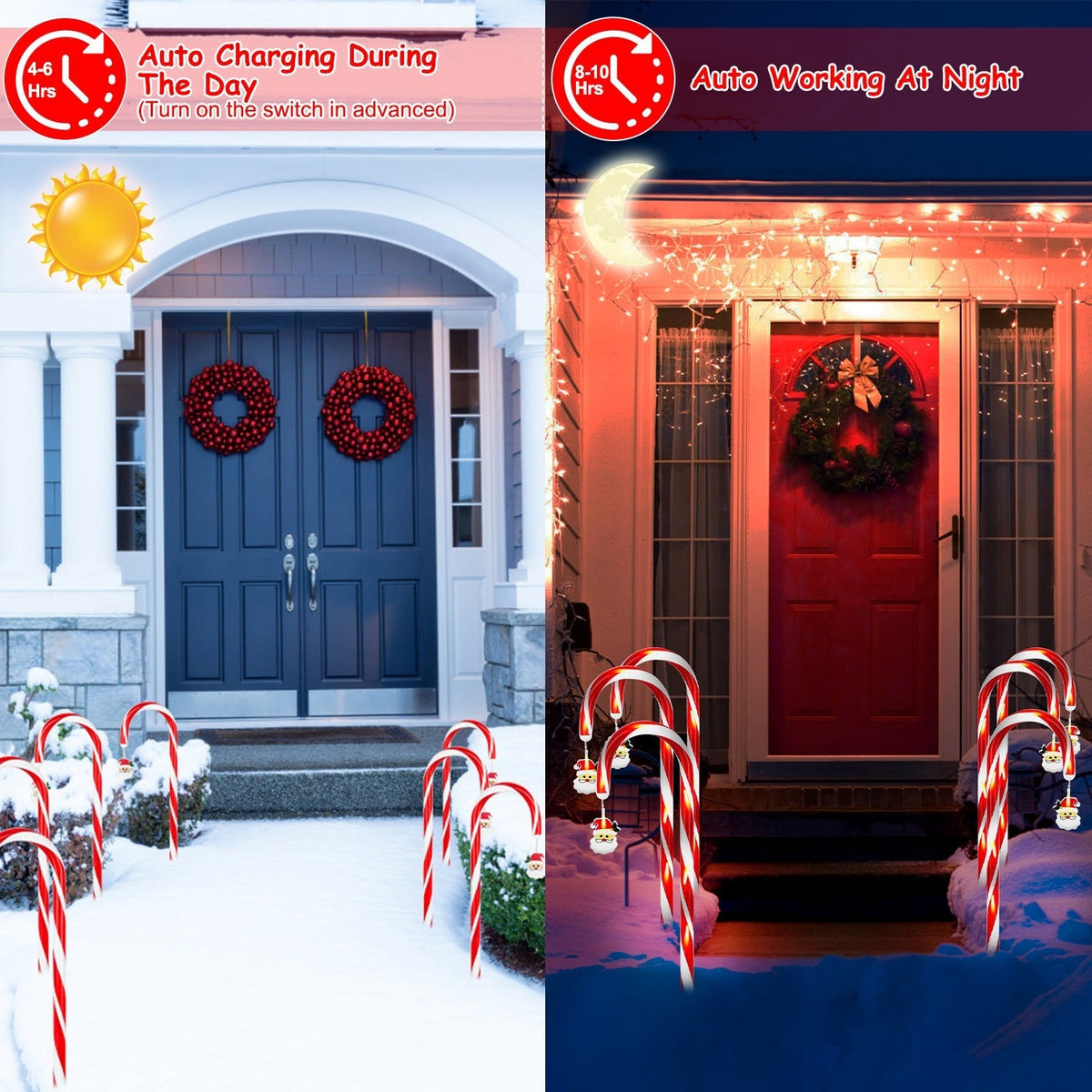 Solar Christmas Candy Cane Lights with 12 Candies 72LEDs Outdoor Christmas Decorations IP44 Waterproof Flickering Pathway Markers String Lights with 8