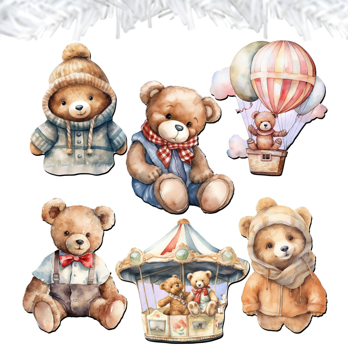 Teddy Bear Clip-On Eco Wood Decorative Ornaments Set of 6 by G. Debrekht - Christmas Decor - 8090025C-S6