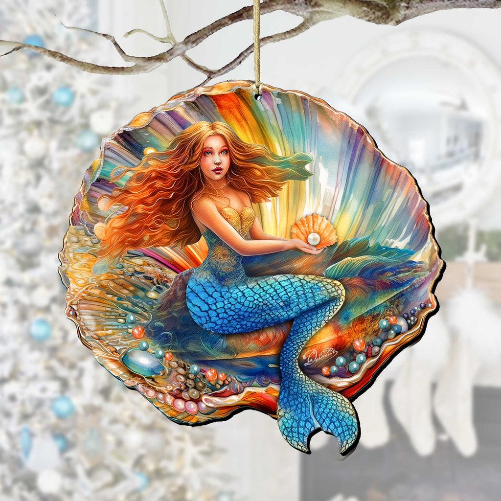 Nautical Christmas Decor - Mermaid in the Shell Wooden Ornaments by G.Debrekht Coastal Holiday Decor - 8688200