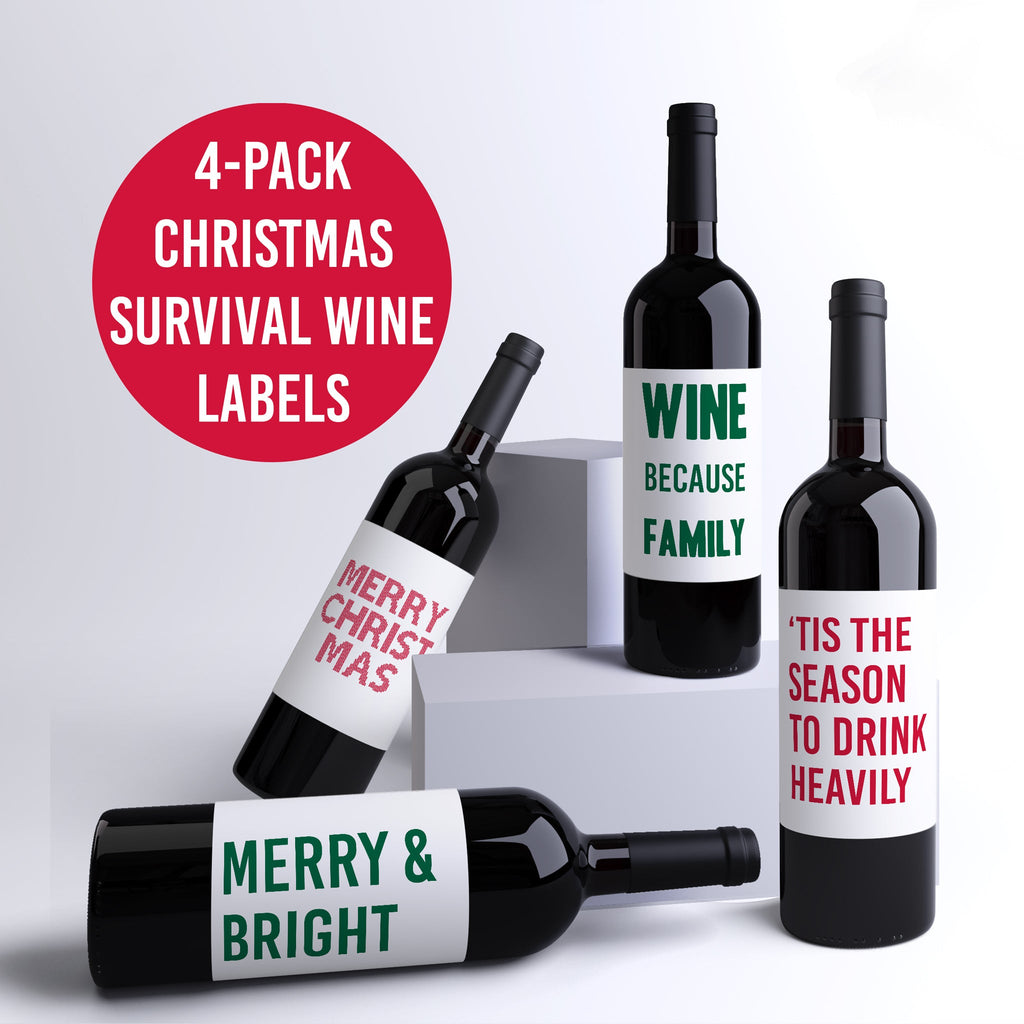 Funny Christmas Survival Wine Labels, Pack of 4
