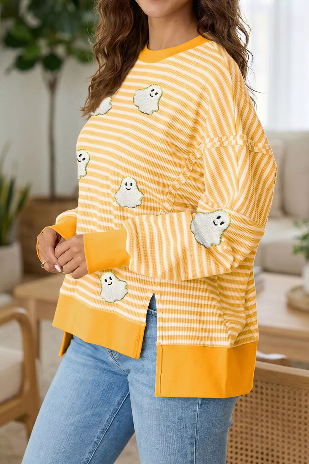 Stripe Halloween Ghost Patch Round Neck Long Sleeve Top
