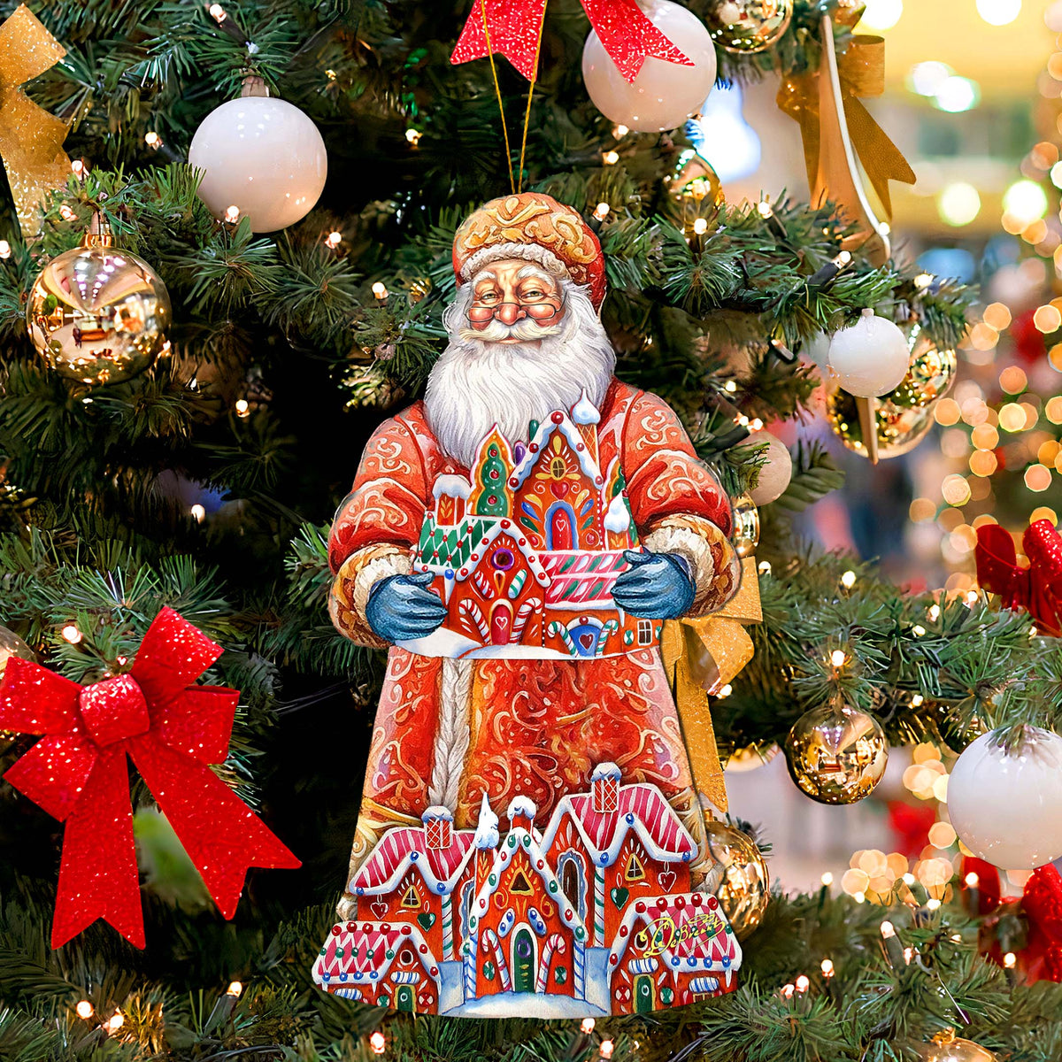Santa and the Gingerbread House Wooden Ornaments by G. Debrekht - Christmas Santa Snowman Decor - 8691404