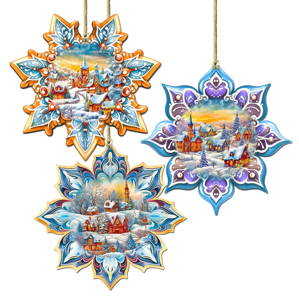 Winter Village Snowflake Eco Wood Ornaments Set of 3 by G. Debrekht - Christmas Decor - 8090146-S3