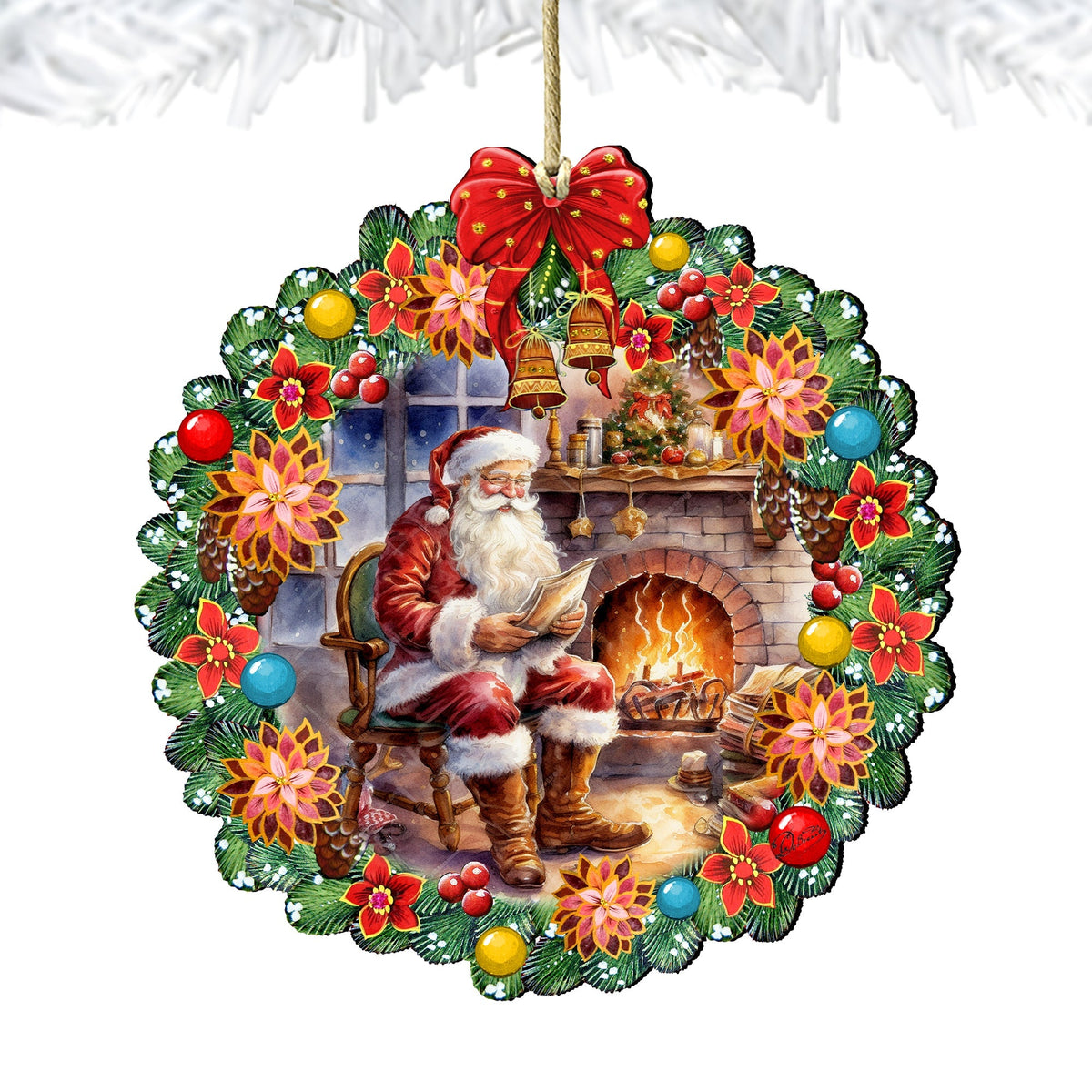 Santa at the Fireplace Wreath Wooden Ornaments by G. Debrekht Christmas Santa Snowman Decor - 8611089-2
