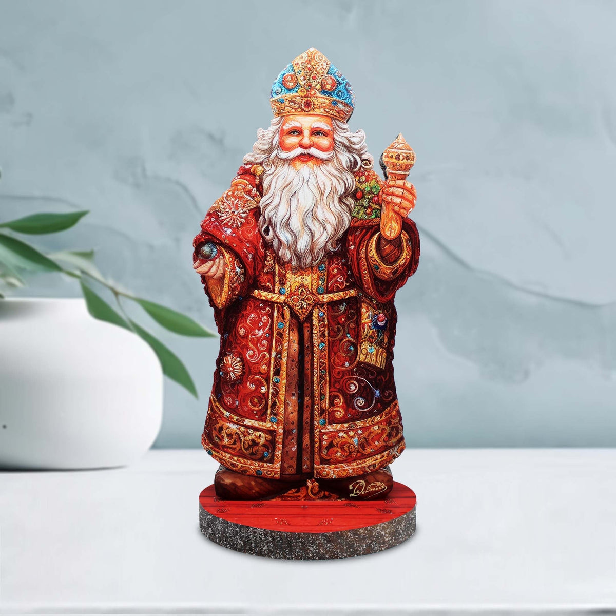Festive Santa Limited Edition Centerpiece Wooden Figurine by G. Debrekht - Christmas Santa Snowman Decor - 89321