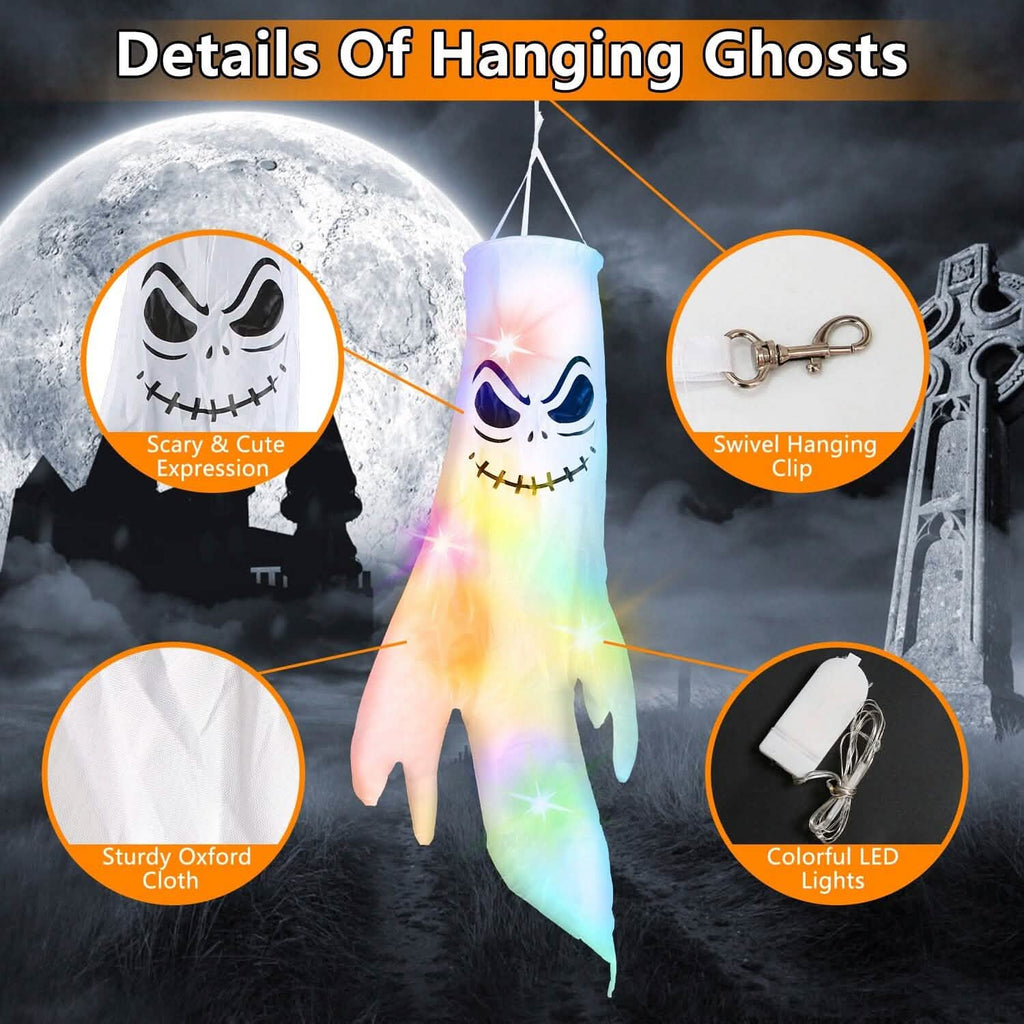 4-Pieces: Halloween Ghosts with Witch Hats Windsocks Hanging Decoration with Colorful LED Light