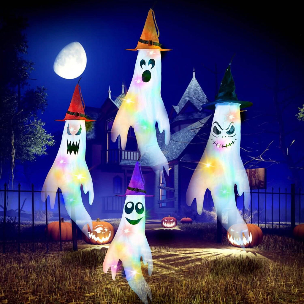 4-Pieces: Halloween Ghosts with Witch Hats Windsocks Hanging Decoration with Colorful LED Light