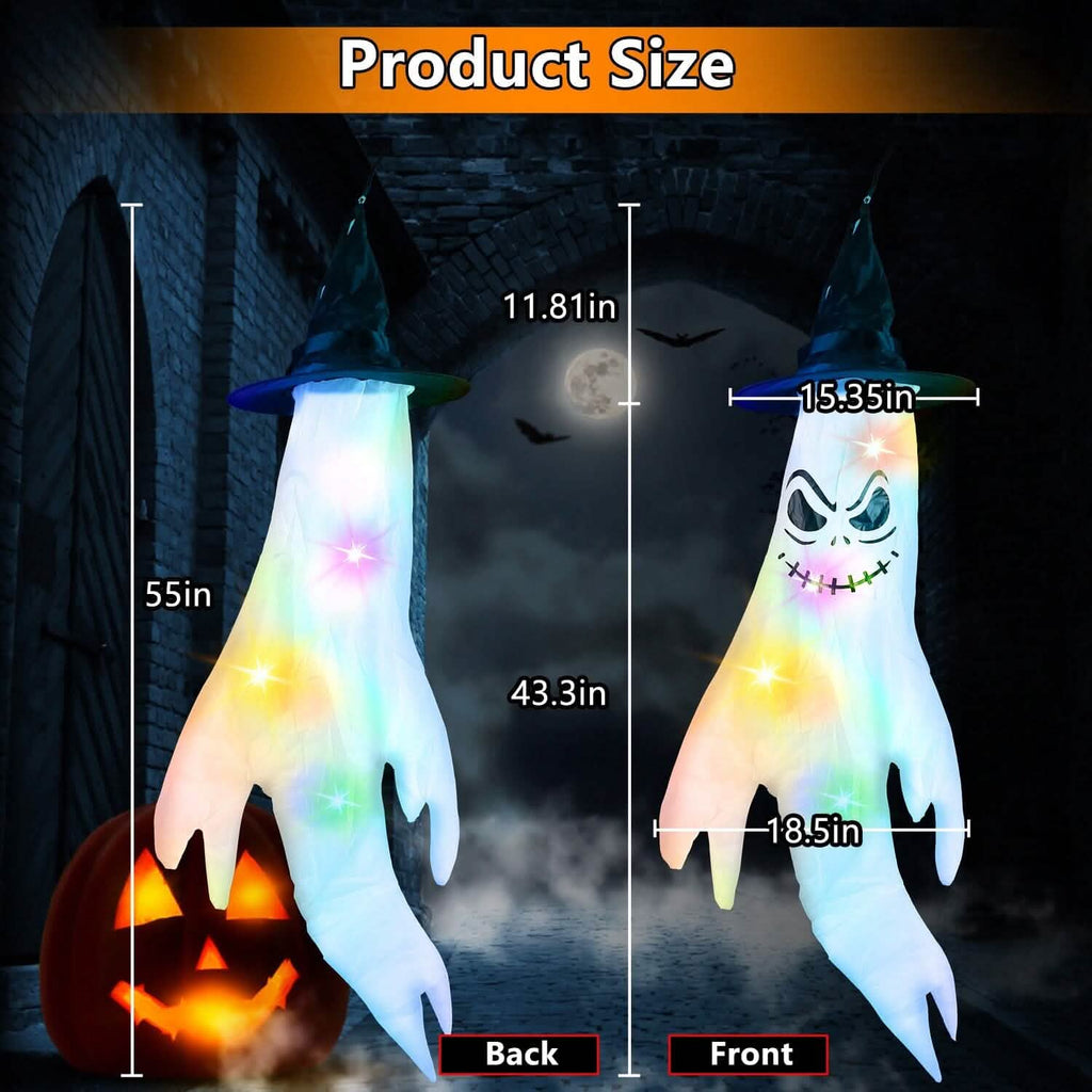 4-Pieces: Halloween Ghosts with Witch Hats Windsocks Hanging Decoration with Colorful LED Light