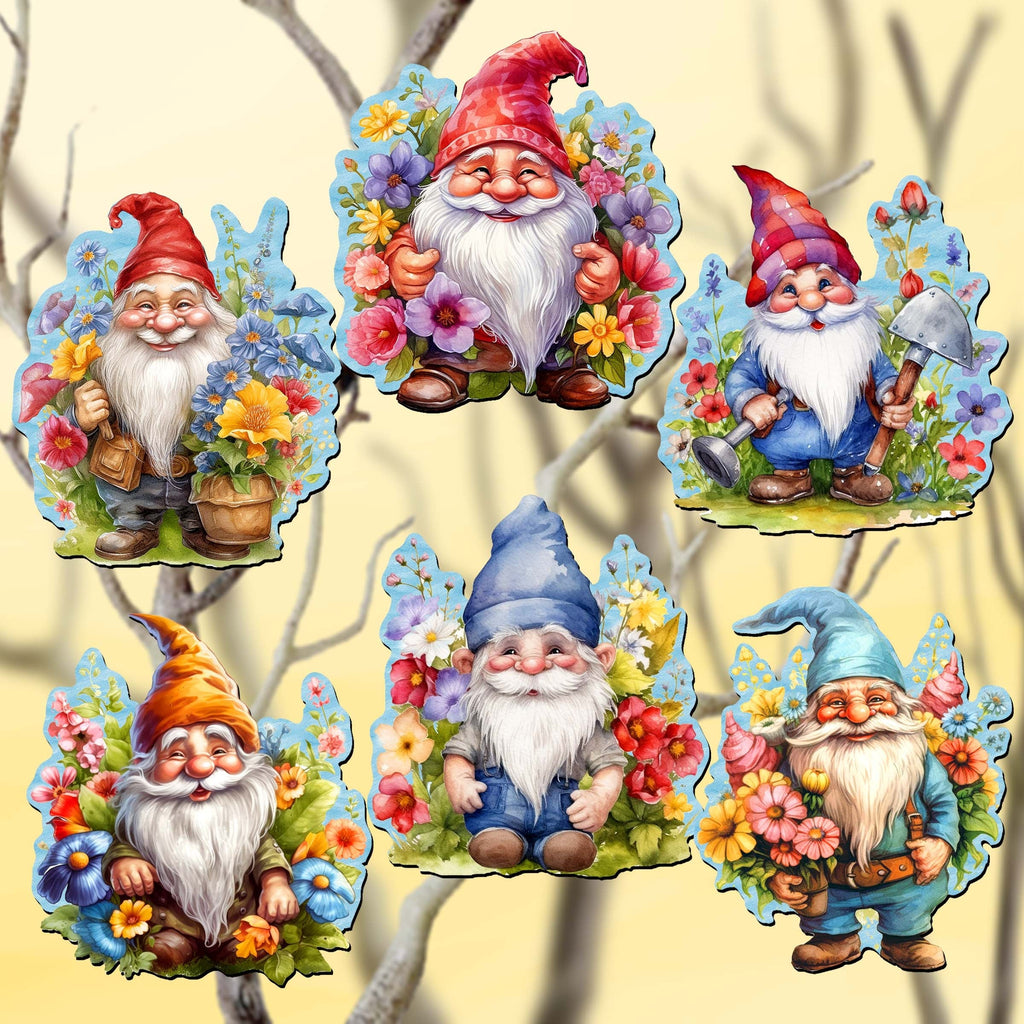 Garden Gnomes Clip-On Eco Wood Decorative Ornaments Set of 6 by G. Debrekht - Christmas Decor - 8090030C-S6