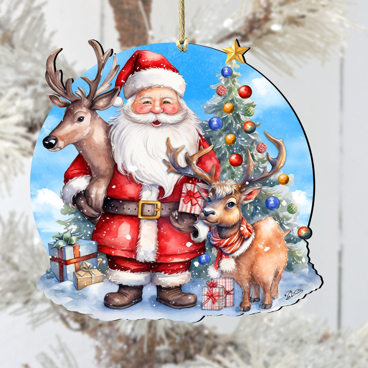 Santa with Reindeer Wooden Ornaments by G. Debrekht Christmas Santa Snowman Decor - 8611032