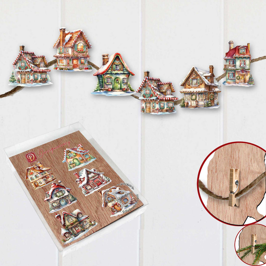 Christmas Houses Clip-On Eco Wood Decorative Ornaments Set of 6 by G. Debrekht - Christmas Decor - 8090024C-S6
