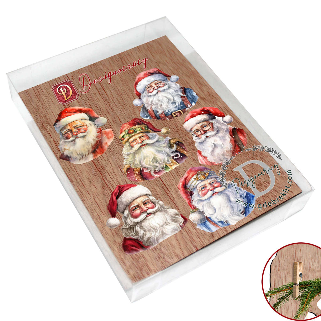 Jolly Santa Faces Clip-On Eco Wood Decorative Ornaments Set of 6 by G. Debrekht - Christmas Decor - 8090045C-S6