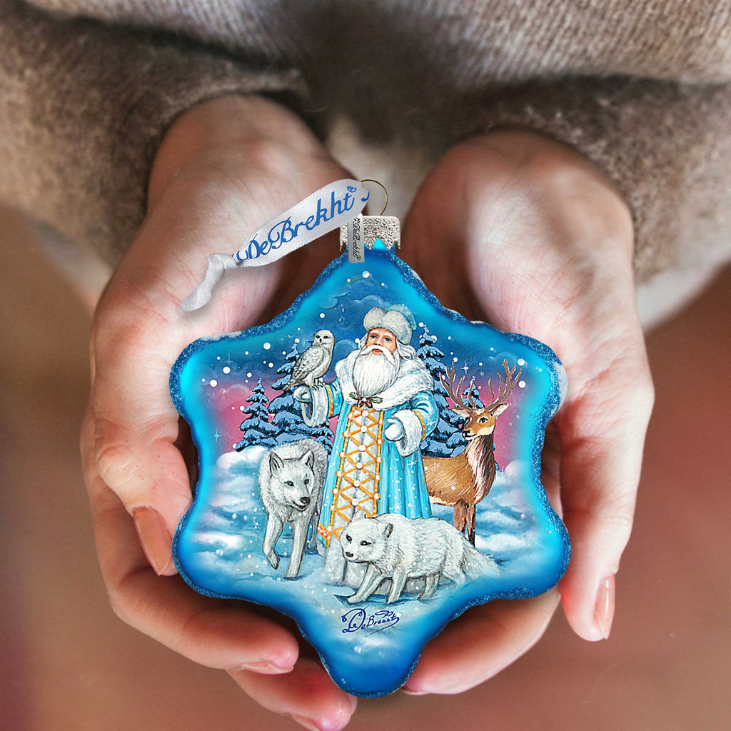 Santa Arctic Story Snowflake Glass Ornament by G. DeBrekht - Christmas Santa Snowman Decor - 754-011B