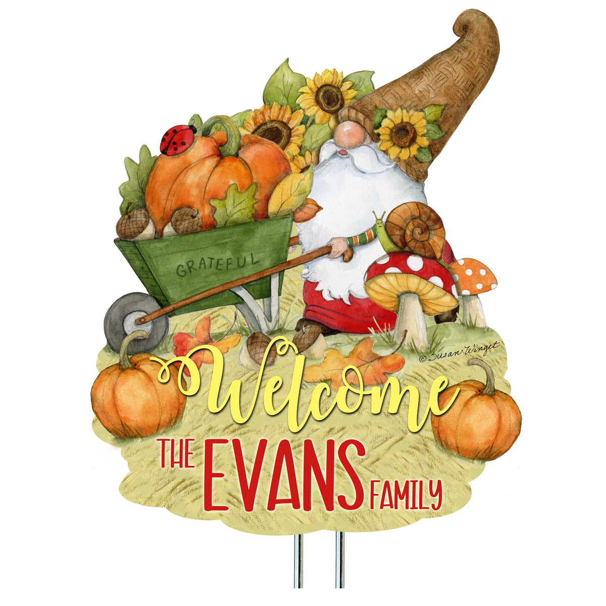 Personalized Outdoor Garden Stakes Fall Decoration - Custom Harvest Gnome Welcome Sign - Wheelbarrow Cornucopia - Handmade Gift - Thanksgiving Decor by Susan Winget - 8471207MC-SW