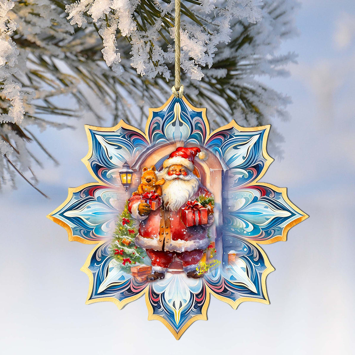 Santa with Gifts Snowflake Wooden Ornaments by G. Debrekht - Christmas Santa Snowman Decor - 8688421