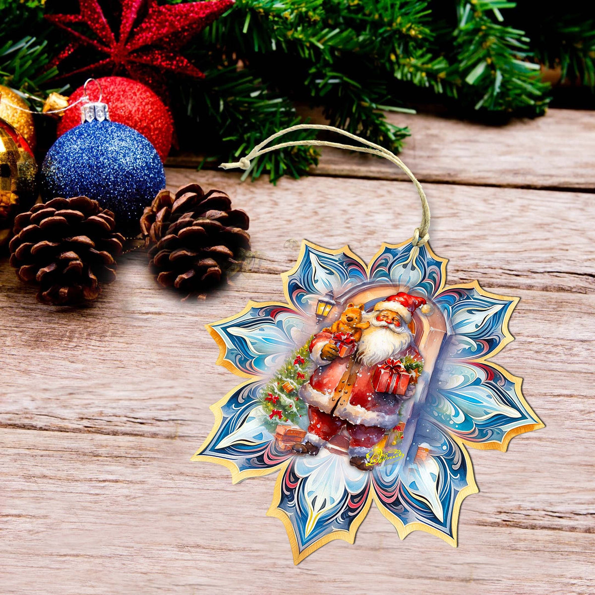 Santa with Gifts Snowflake Large Wooden Ornament by G. Debrekht - Christmas Santa Snowman Decor - 8688421M