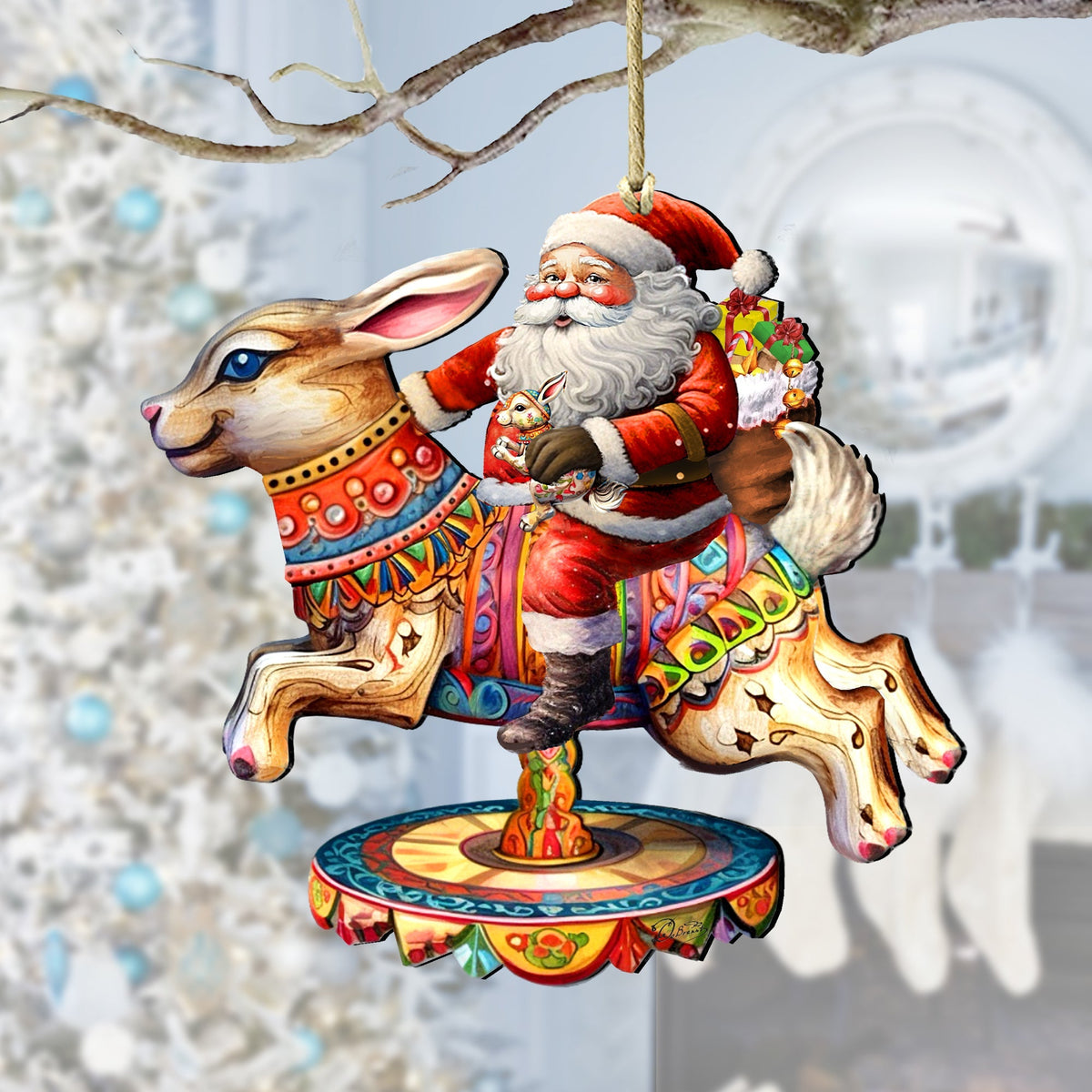 Santa Claus on Bunny Carousel Wooden Ornaments by G. Debrekht Christmas Santa Snowman Decor - 8611067