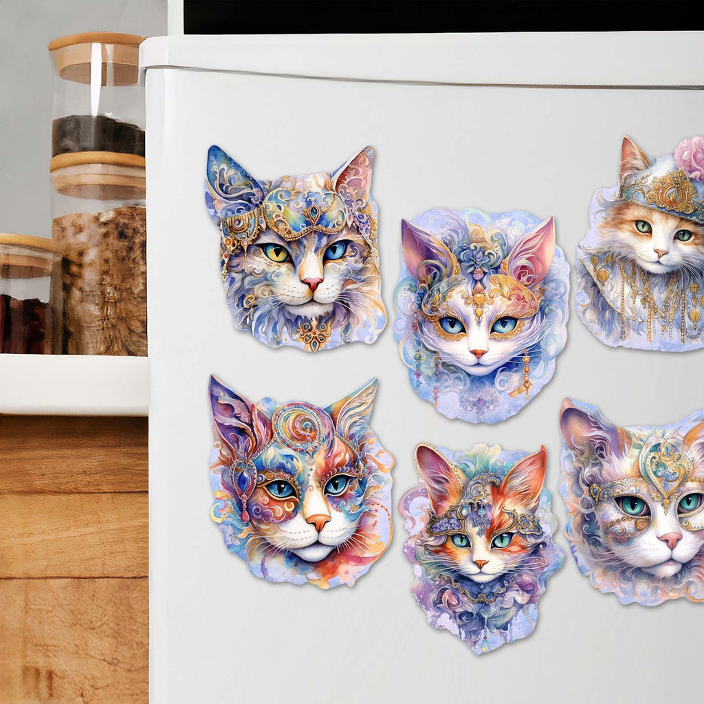 Cats Masks Decorative Eco Wood Magnets Set of 6 by G. Debrekht - Christmas Decor - 8090033G-S6