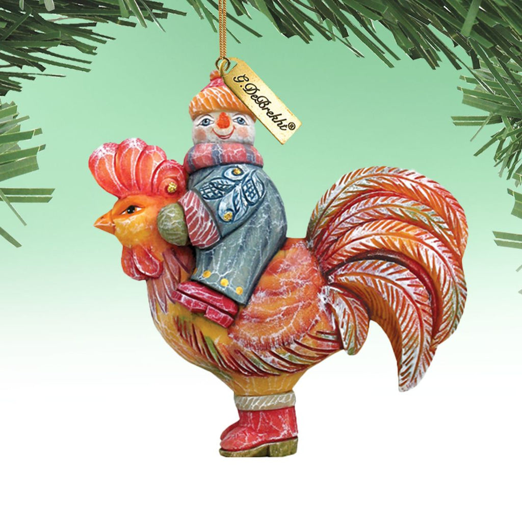 Snowman Riding Rooster Sculpted Hand-Painted Christmas Ornament by G. DeBrekht - Christmas Santa Snowman Decor - 63134