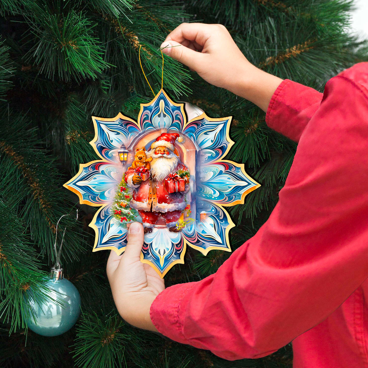 Santa with Gifts Snowflake Large Wooden Ornament by G. Debrekht - Christmas Santa Snowman Decor - 8688421M