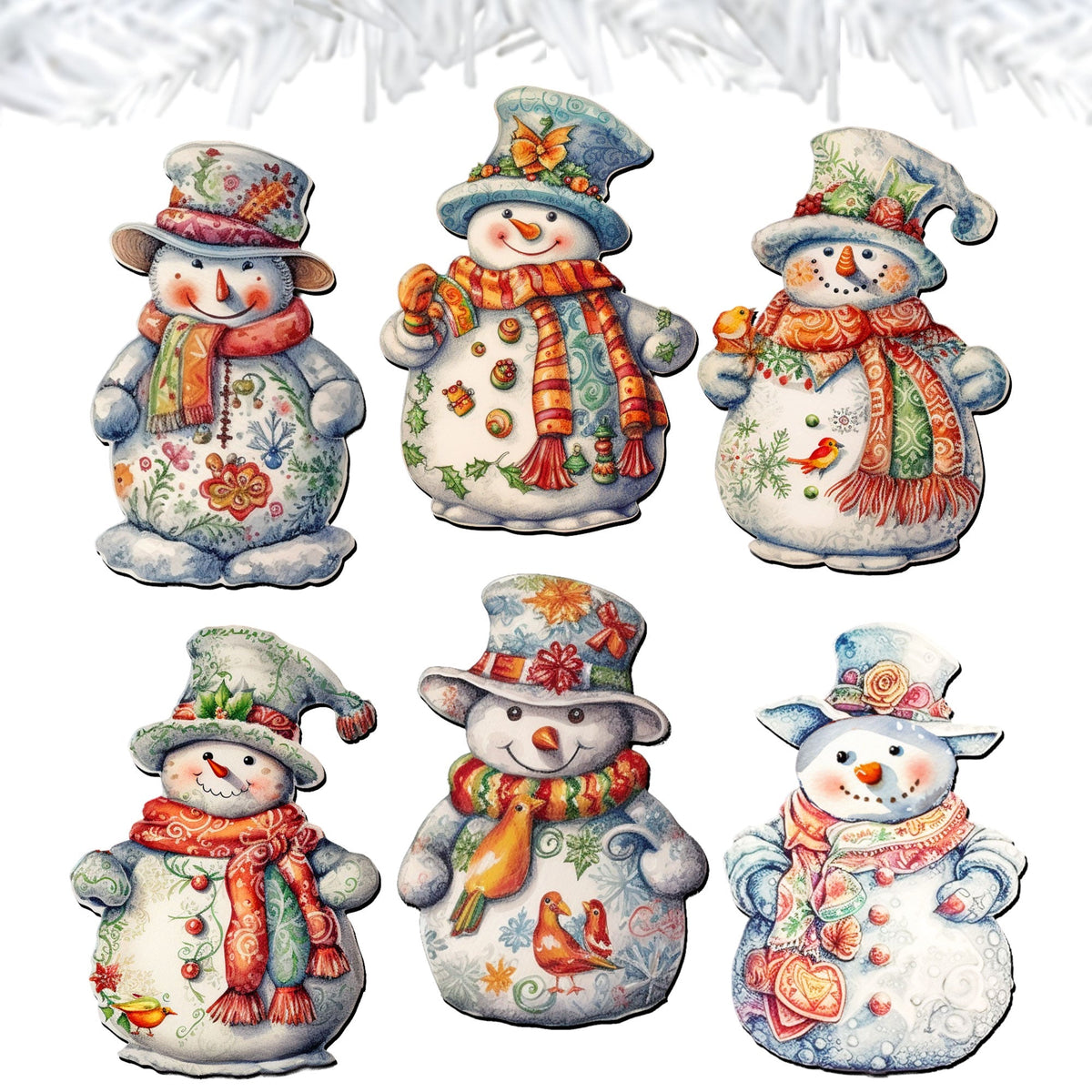 Snowman Clip-On Eco Wood Decorative Ornaments Set of 6 by G. Debrekht - Christmas Decor - 8090023C-S6