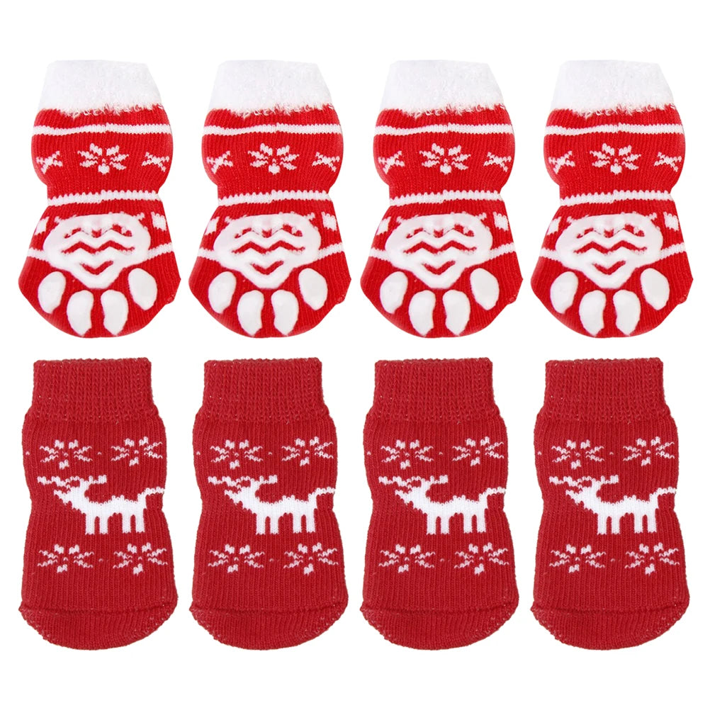 8pcs Pet Warm Cotton Socks Soft Anti Slip Claw Pattern Protect Feet Cold Snow Christmas Dog Cat Stockings Gifts