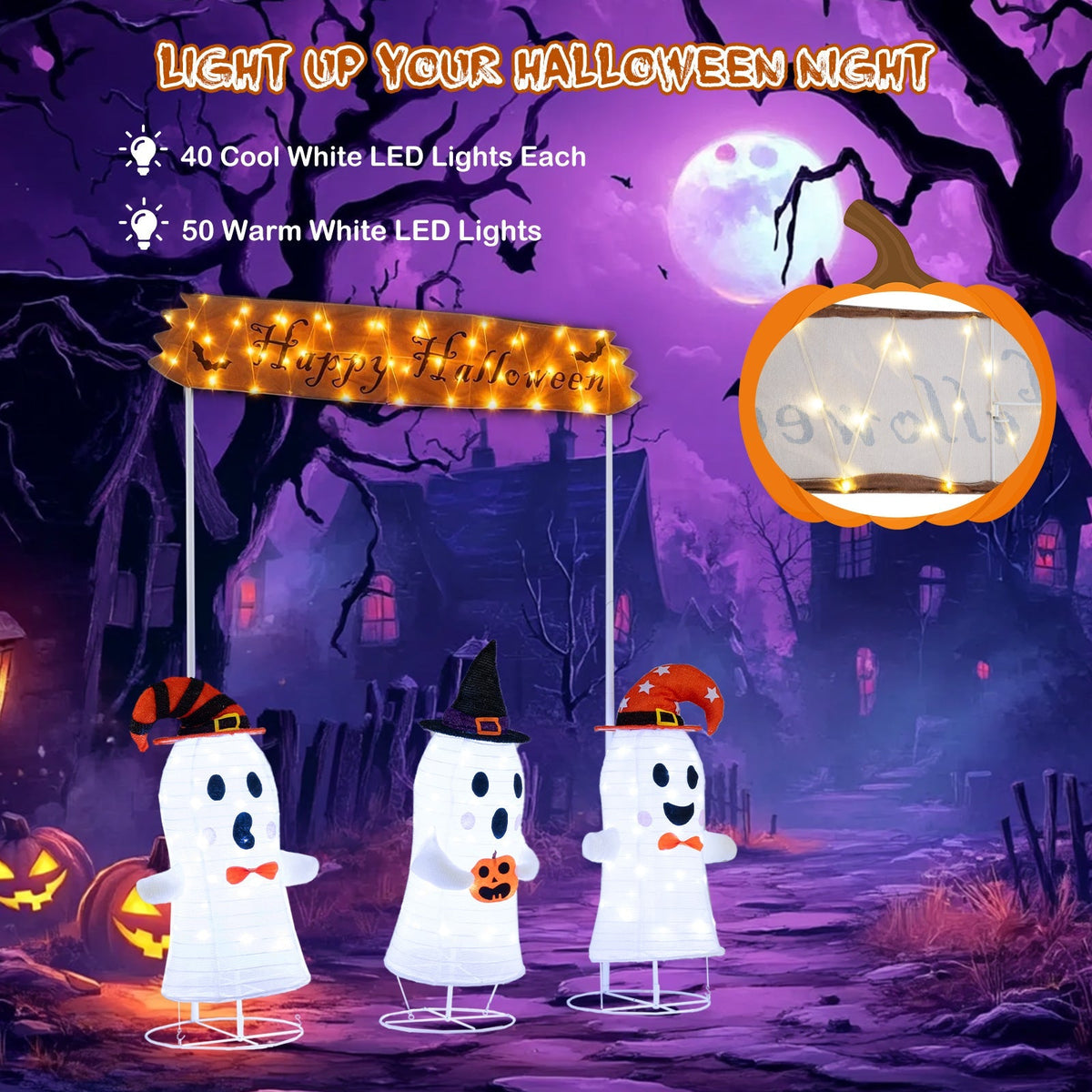 4 Pieces Halloween Decoration Pop up Ghosts with Gate and LED Lights