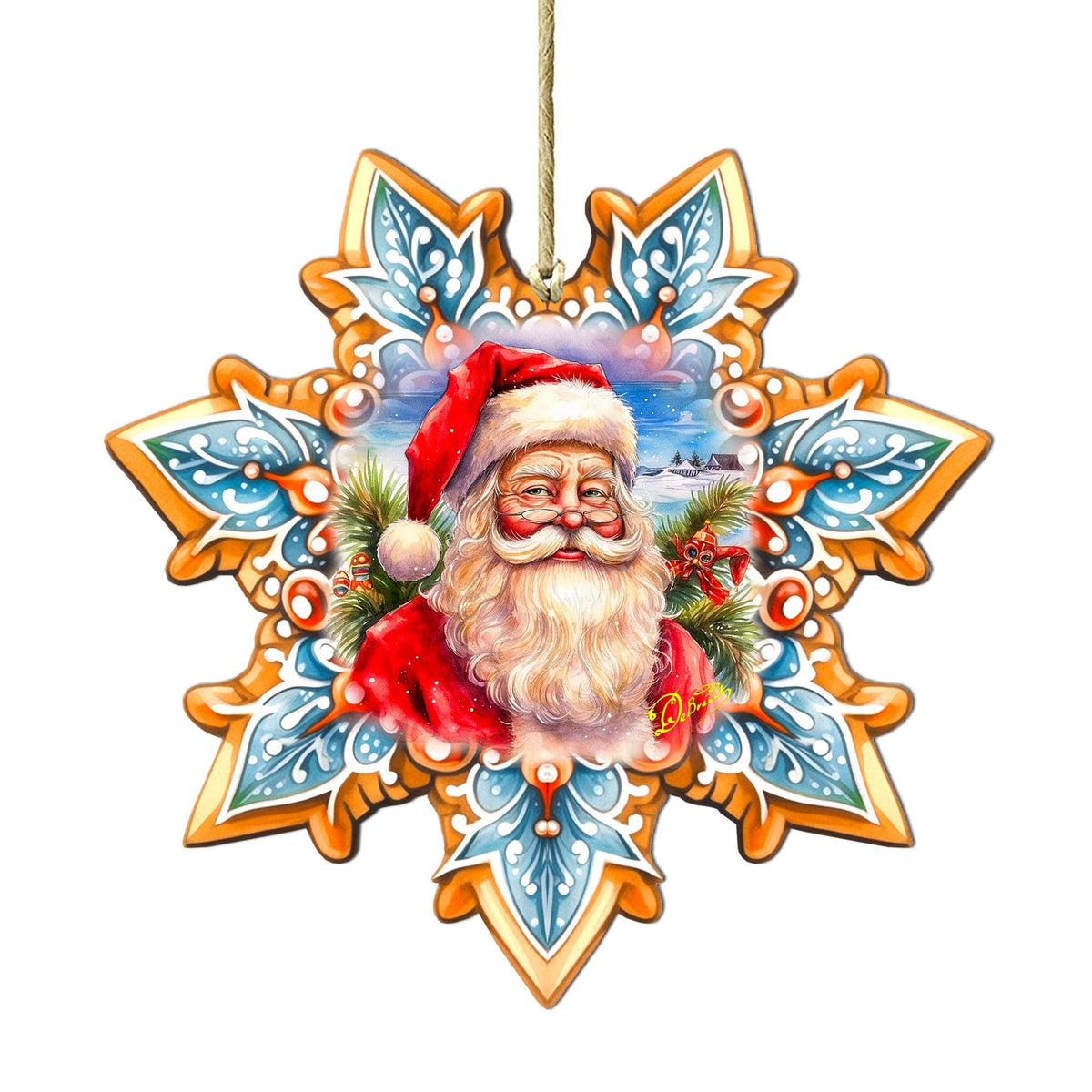 Santa Snowflake Large Wooden Ornament by G. Debrekht - Christmas Santa Snowman Decor - 8688422M