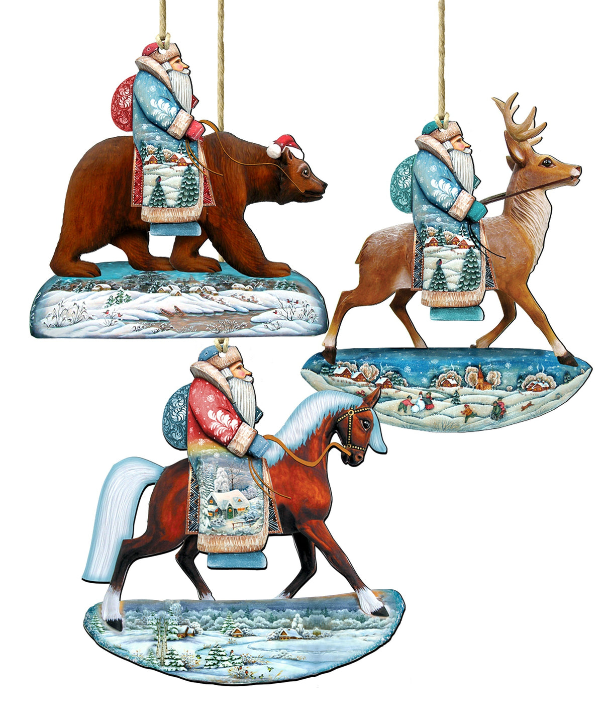 Riding Santa Wooden Ornaments Set of 3 by G. DeBrekht - Christmas Santa Snowman Decor - 8100016S3