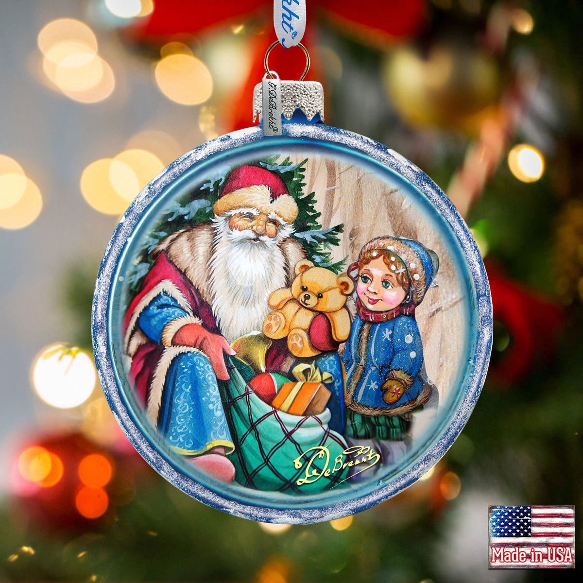 Santa Gift Cut Ball Glass Ornament by G. DeBrekht - Christmas Santa Snowman Decor - 764-024