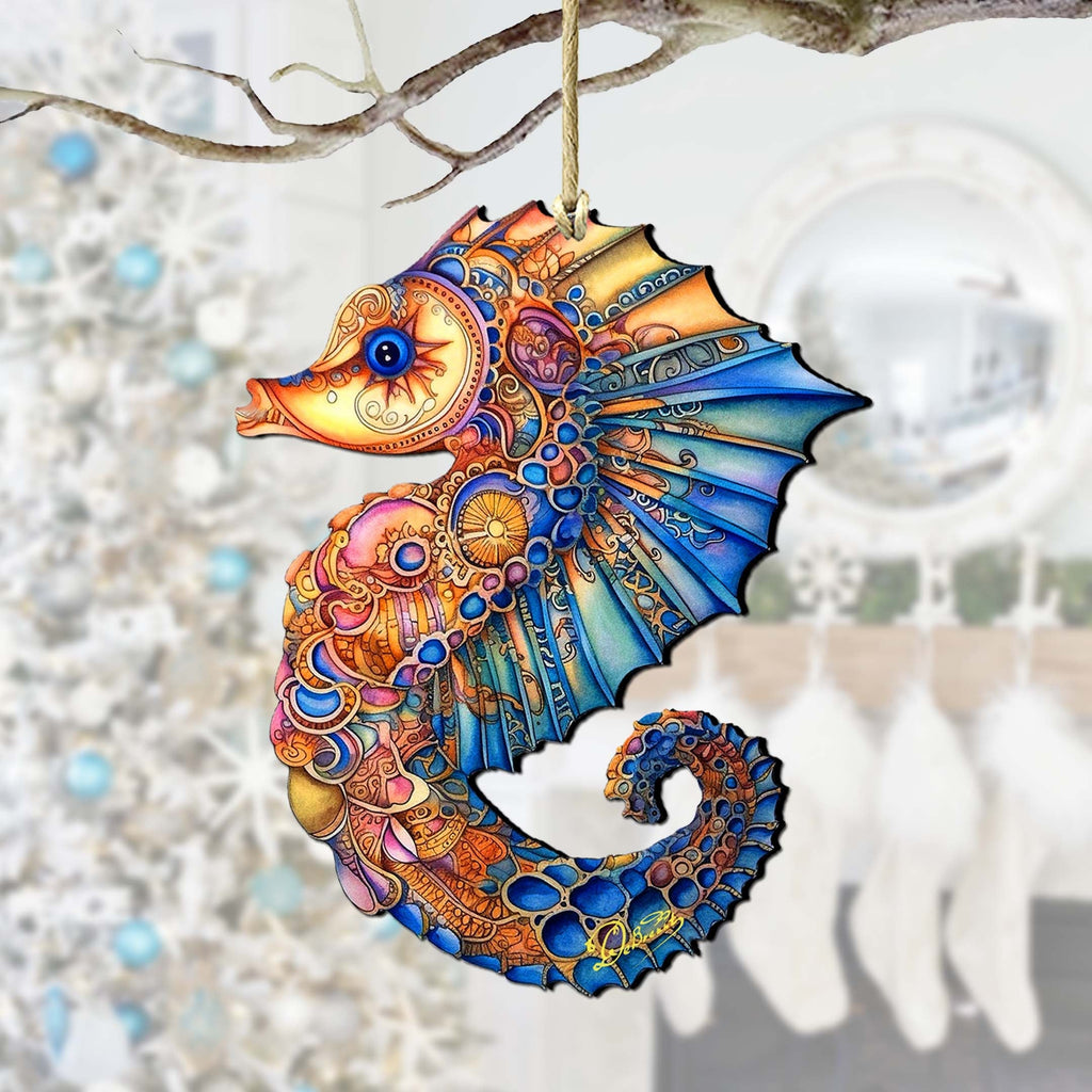Nautical Christmas Ornaments - Mosaic Seahorse Wooden Ornaments by G.Debrekht Coastal Holiday Decor - 8688191